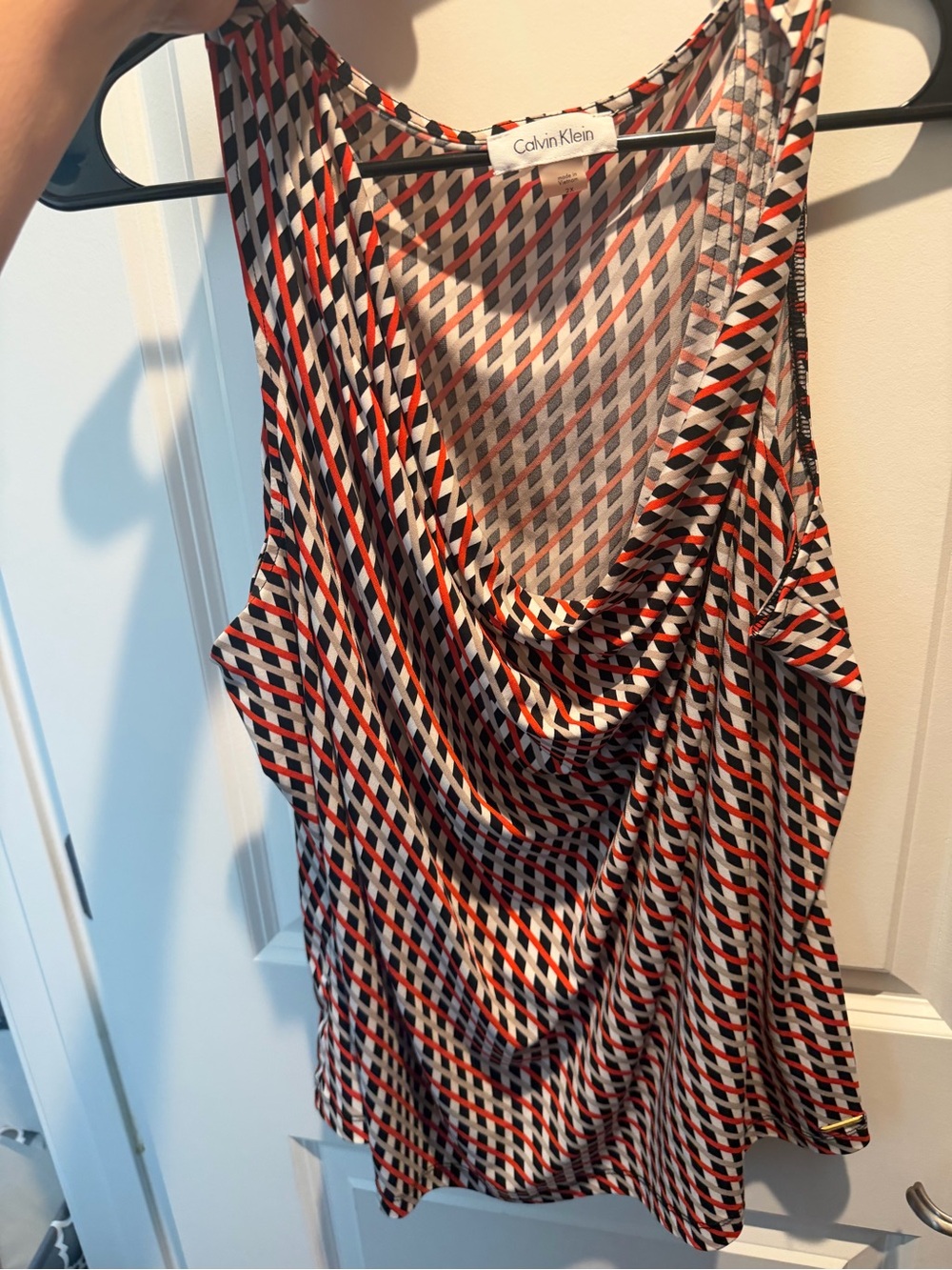 Calvin Klein Red, Black & White Geometric Sleeveless Cowl Neck Top